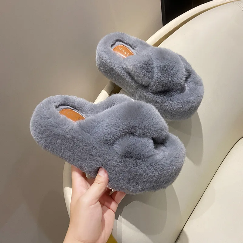 

Women Fashion Fluffy Slippers Cozy Faux Fur Cross Indoor Floor Slides Flat Soft Furry Ladies Female Platform Peep Toe Flip Flops