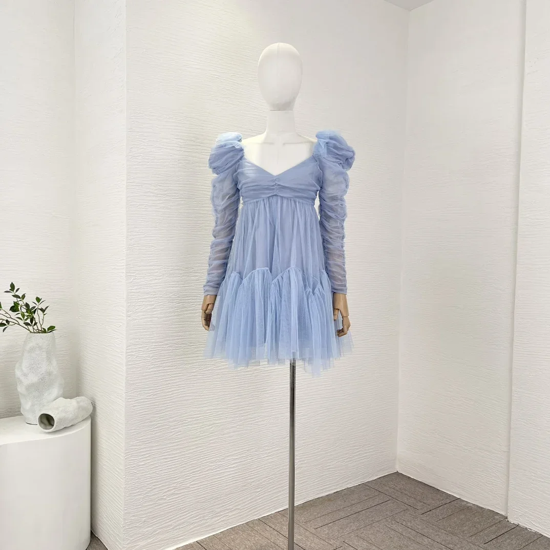 

Summer Autumn 2023 Solid Blue Puff Long Sleeve Lace Patchwork Sweetheart Neck Pleated Mini Dress