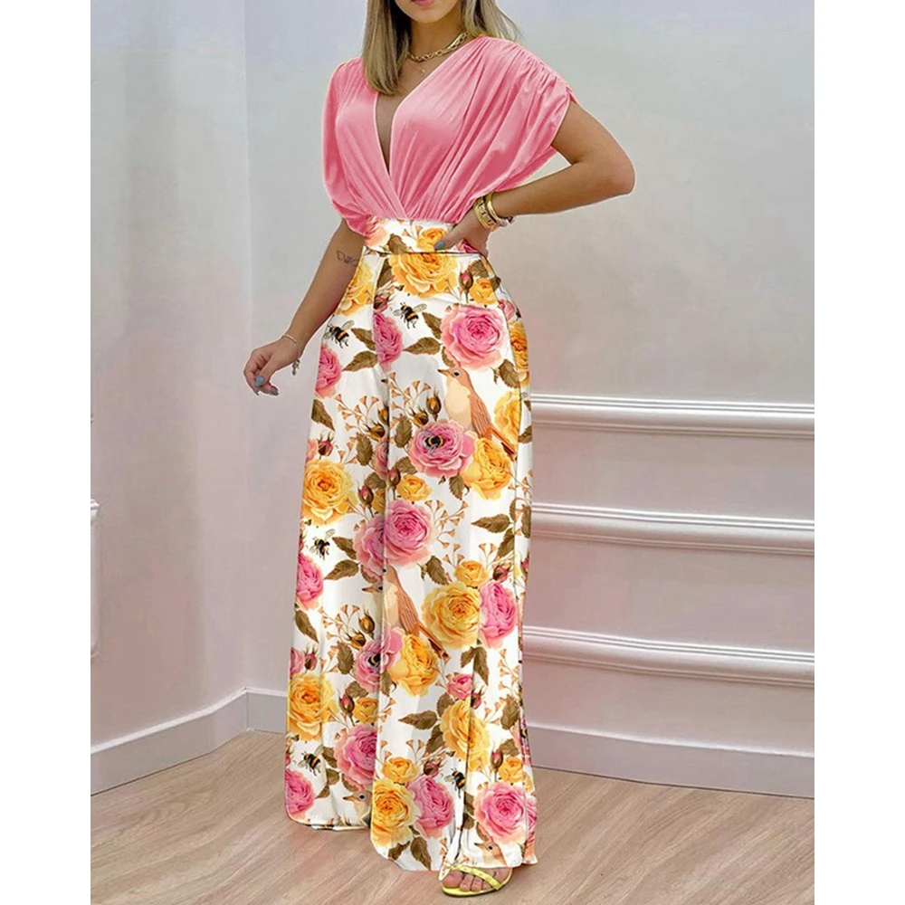 2023 Casual Women Floral Print Crop Top & High Waist Wide Leg Pants Set Summer Femme Two Pieces Suit Set Outfits Korean Style