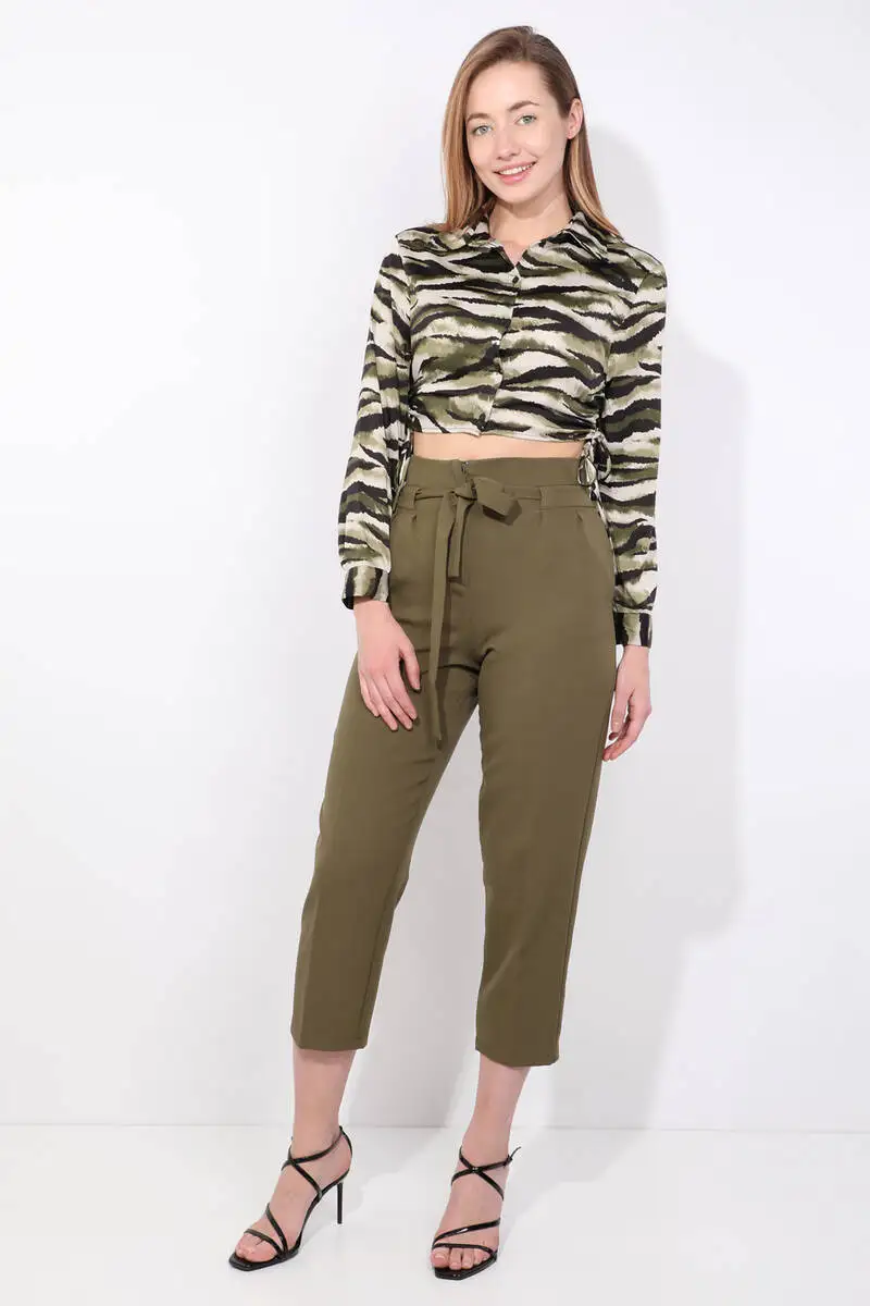 

Womens Khaki Belted High Waist Fabric Trousers