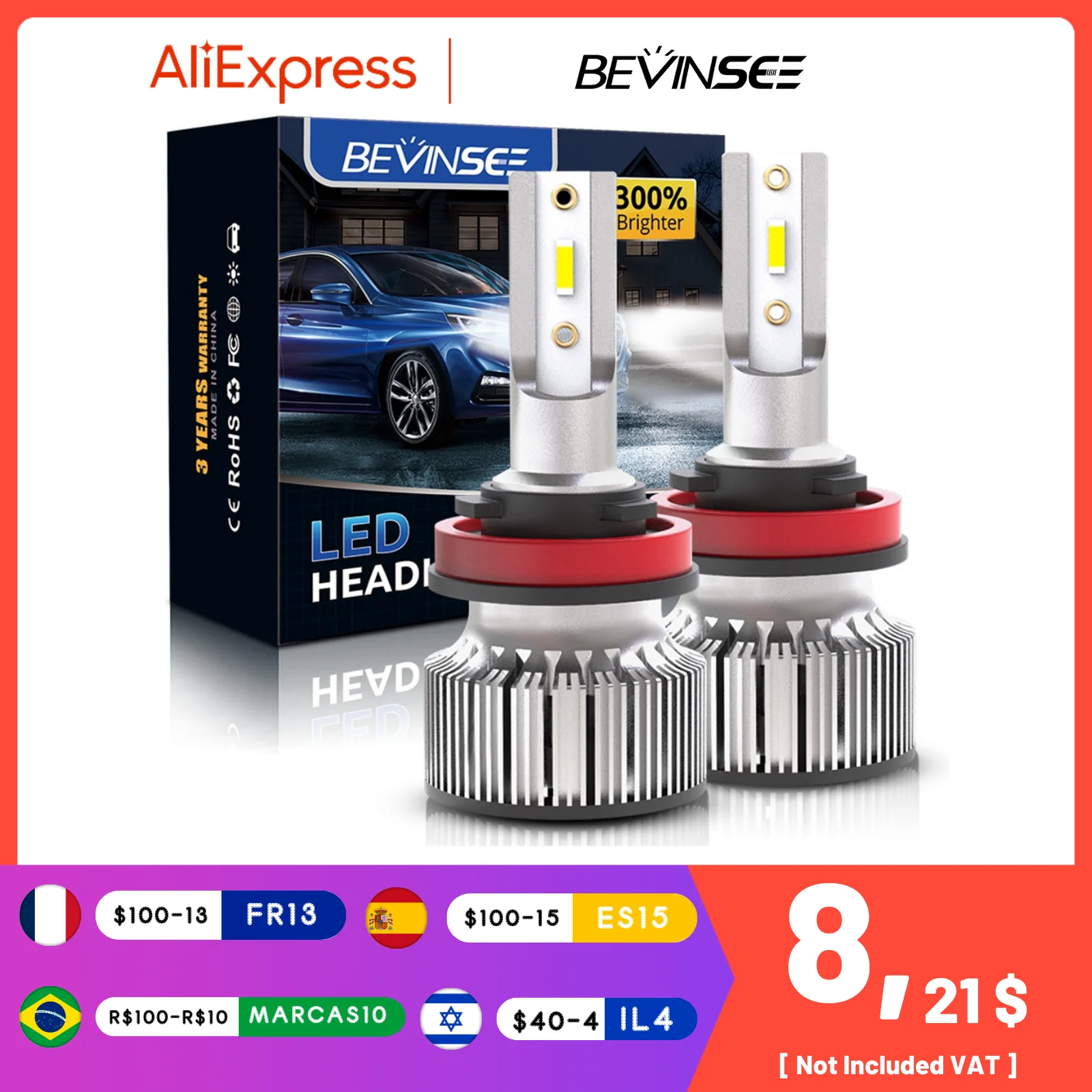 Автомобисветильник светодиодные фары Bevinsee H7 H4 H11 HB3 9005 HB4 9006 6000 лм 9012 K 12 В H8 H9