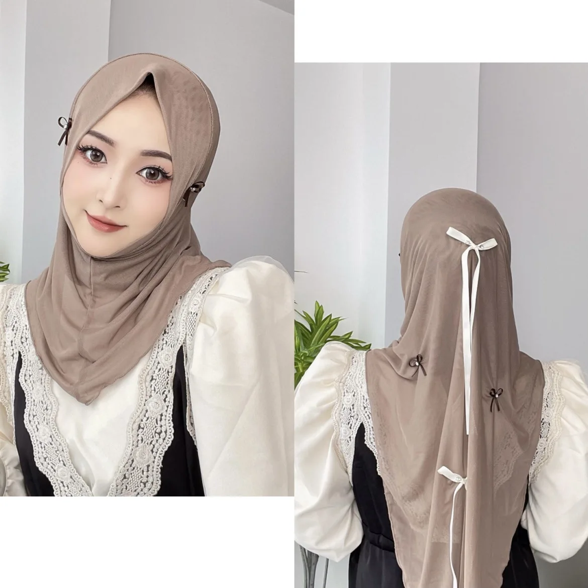Мусульманский сетчатый хиджаб однотонный платок для женщин с бантом повязка на