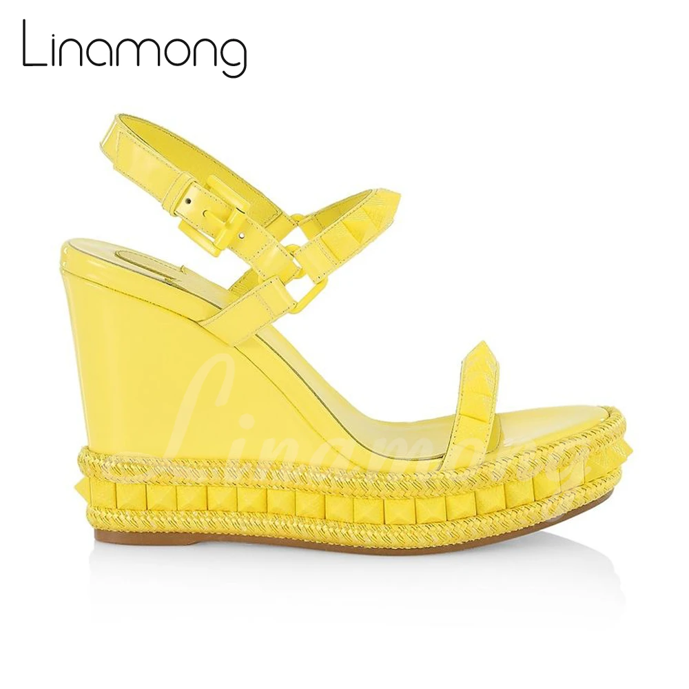 

Pink Rivet Wedge Sandals Round Toe Buckle Summer Shoes Multicolor Espadrilles for Women Luxury Fashion Style Studded High Heels