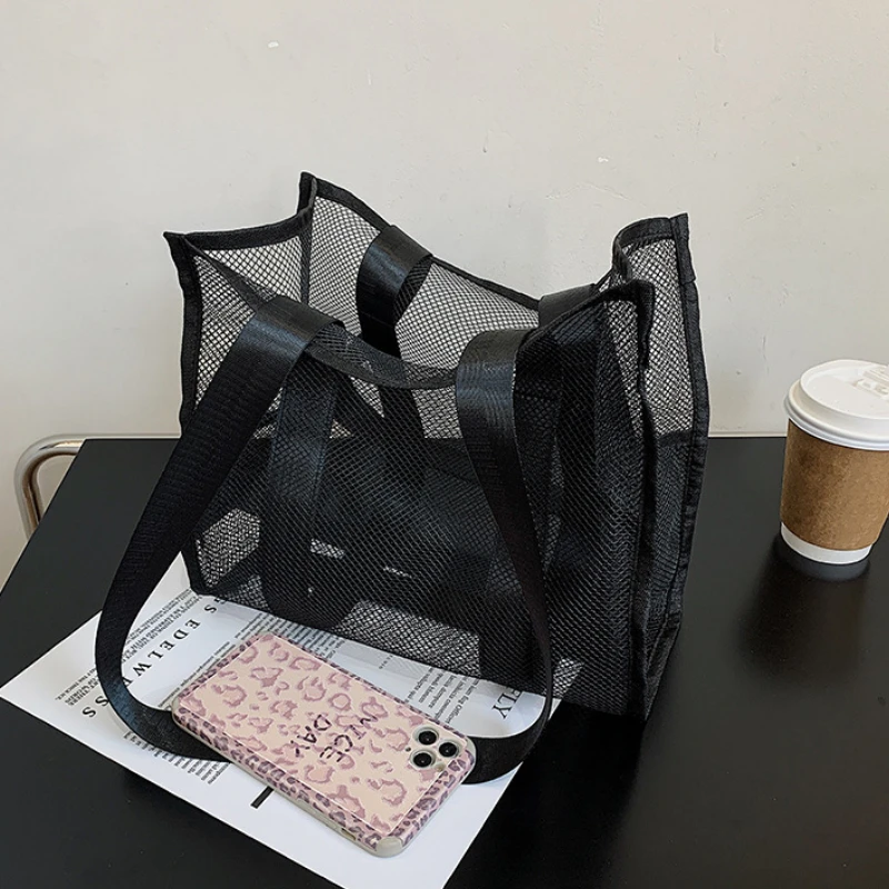 

1 Pc Women Mesh Tote Bag Reusable Transparent Fashion One Shoulder Beach Bag Mesh Hollow Shopping Bag Organizer