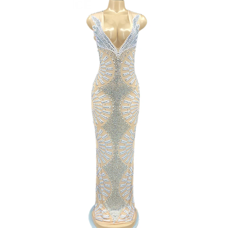 

Стразы женские сексуальные прозрачные длинные фотокостюмы с V-образным вырезом