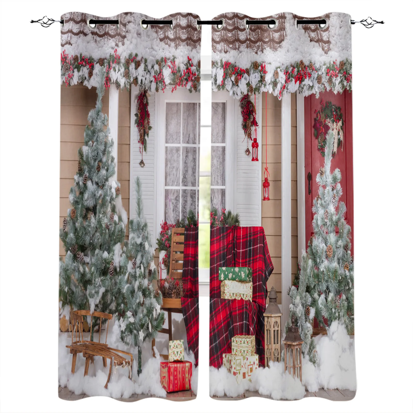 

Christmas Tree Leaves Green Red Curtains For Living Room Kids Bedroom Decorative Window Treatment Blinds Drapes Kitchen Curtains
