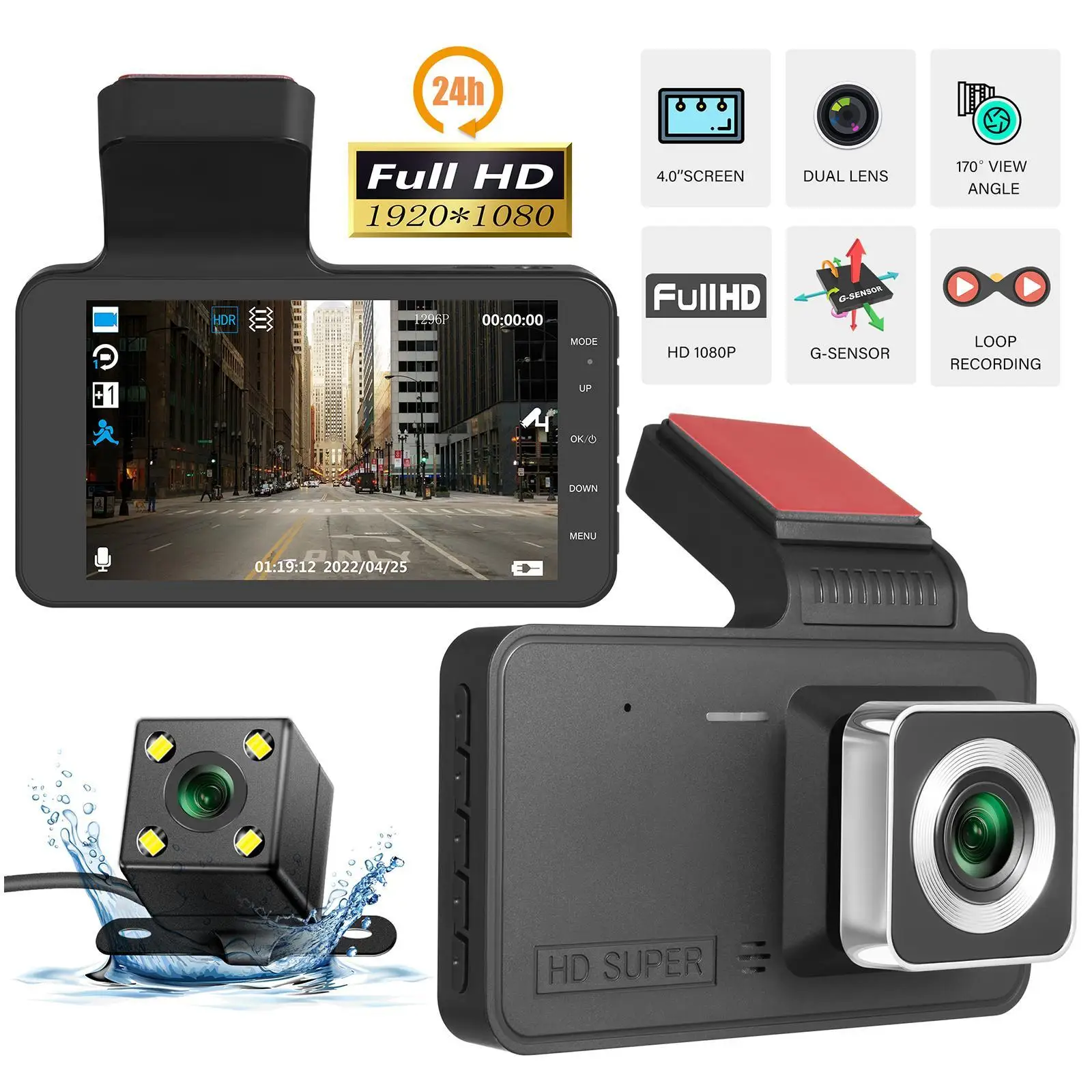 

4.0In Dash Cam Car DVR 24H HD 1080P Dash Camera Dual Lens Video Recorder 1080P Black Box Cycle Dashcam Mirror Driving Recorder