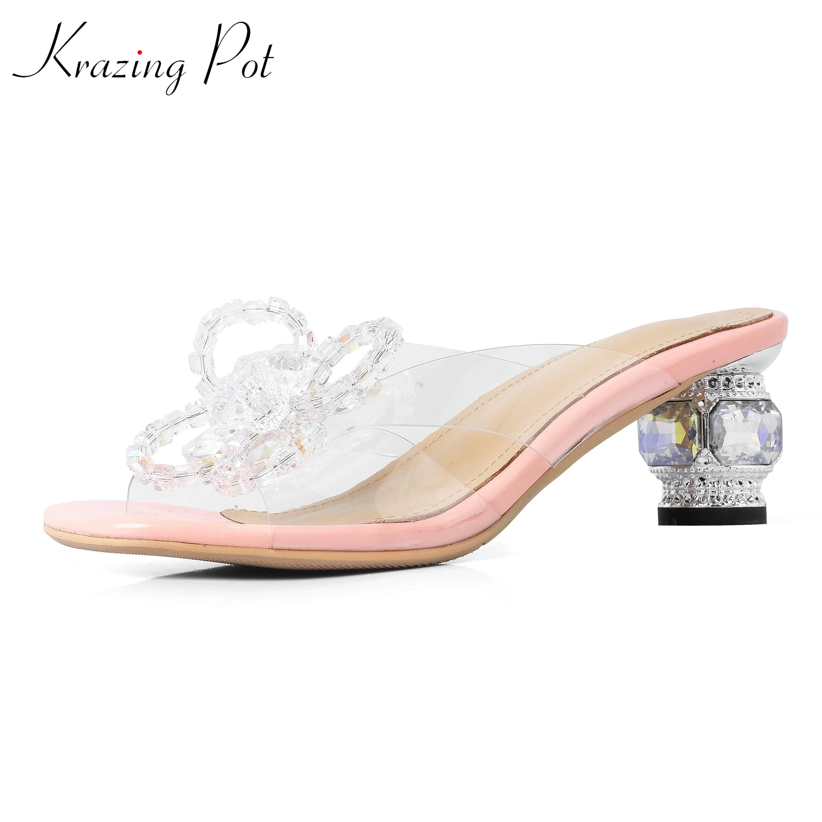 

Krazing Pot plastic PVC natural leather peep toe crystal strange style med heels summer mules handmade butterfly-knot sandals