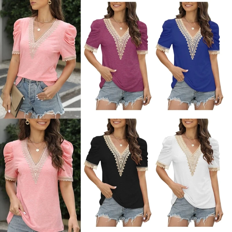 

Q0KE Женская гипюровая кружевная рубашка с глубоким V-образным вырезом и коротким рукавом, блузка с цветными блоками, Топ