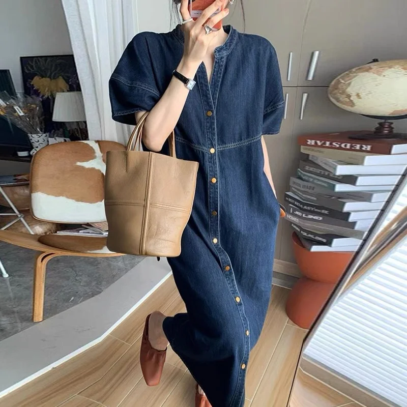

Fat Girl Personality Drawstring Denim Shirt Artistic Outerwear Plus size Short sleeve Cardigan A- line Skirt Summer New Dress