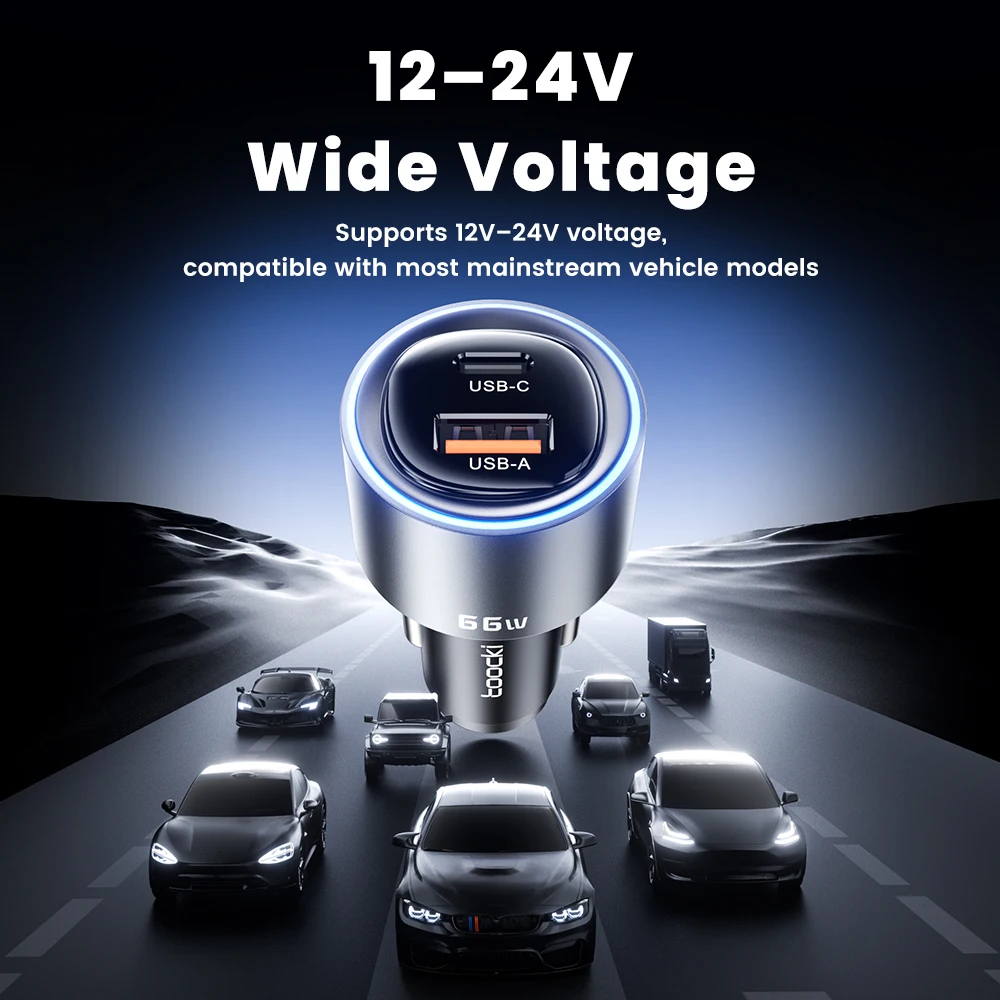 Автомобильное зарядное устройство Toocki 66W USB Type-C с быстрой зарядкой PD 30W SFC PPS для iPhone 17 16 15, Samsung Galaxy S26 S25, Xiaomi, Huawei (art.: 3920dc267cc55) - 3920dc267cc55