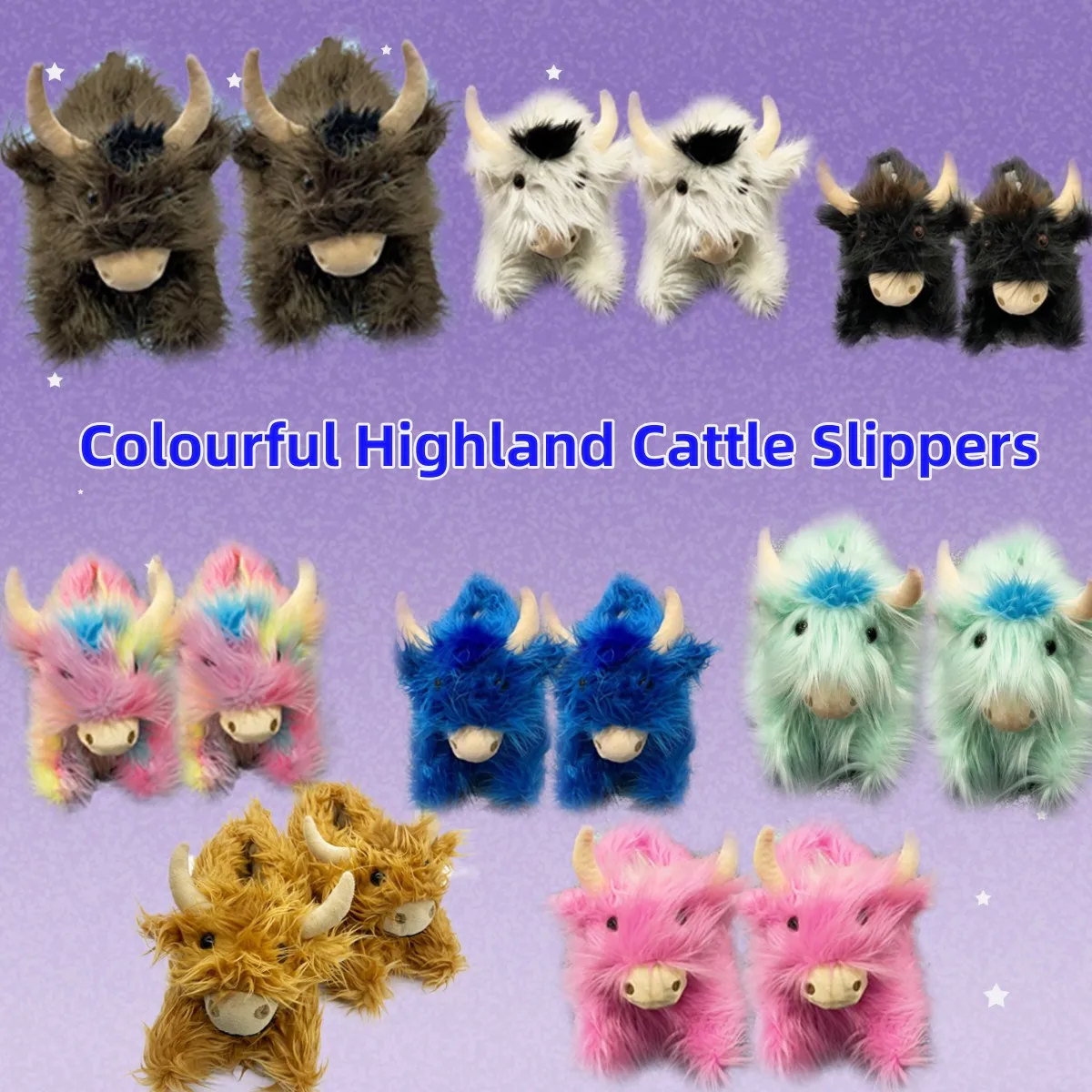 

Highland Cattle Plush Slippers Colourful Simulation Cow Slippers Home Winter Warm Kawaii Animal Shoes Adult Kids Plushie Gift