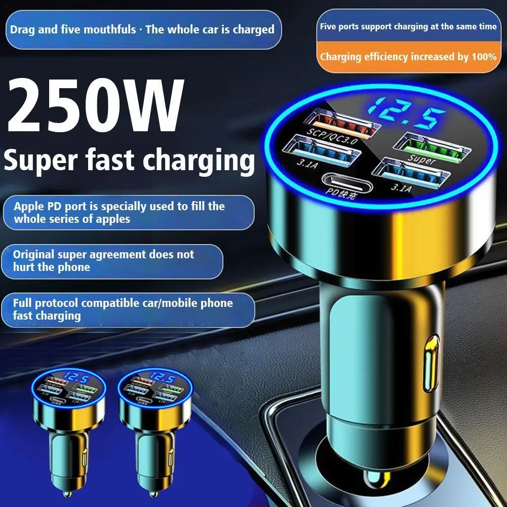 Digital Display Car Charging 5usb 250W Fast Charging Head Mobile Charging Charger QC3.0 Car Phone Five PD With J9B9