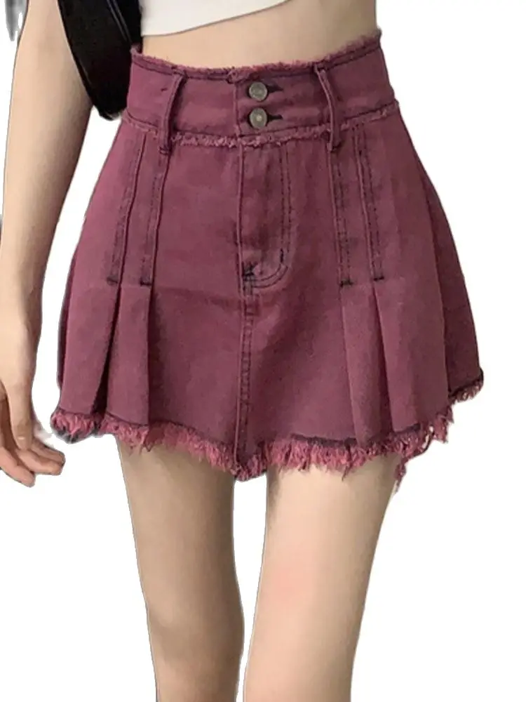 

Casual Denim Skirt Raw Edge Pleated Thin A-Line Mini Skirt 2022 Summer New Korean Fashion Women'S Clothing