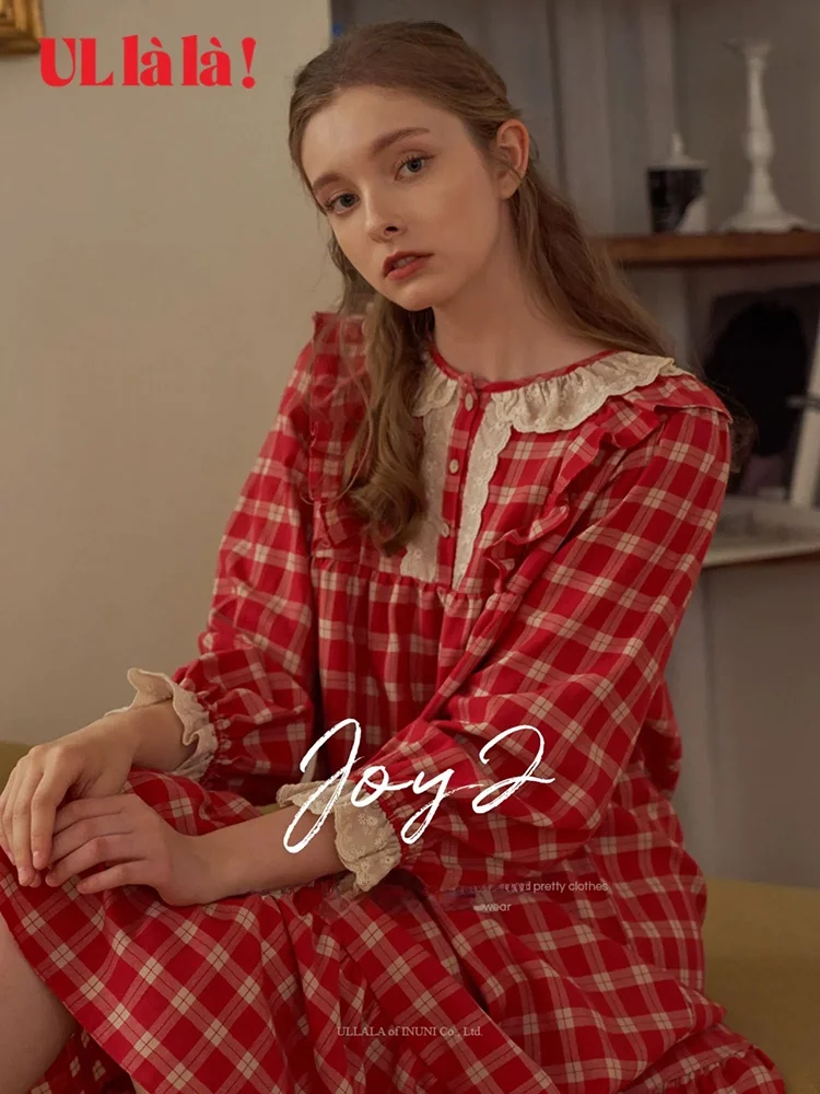 Ullala Южная Корея Ulala домашняя ночная рубашка красная клетчатая милая кукольная с