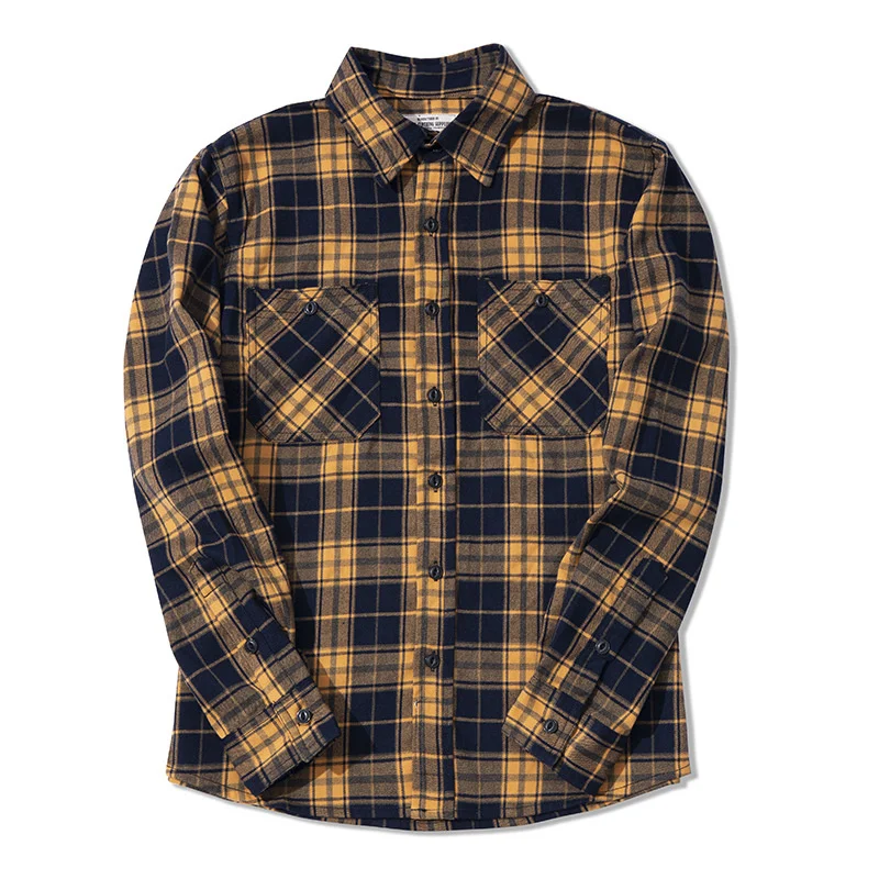 Heavy Weight Plaid Shirt Men Vintage Amekaji Long Sleeve Tshirt Autumn Winter New England Style Thick Lapel Cardigan Casual Tops
