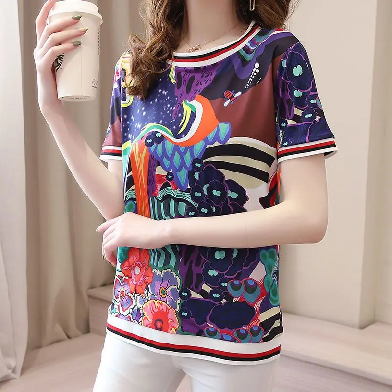 

Fashion Women's Clothing Short Sleeve Printed T-shirt Summer Casual Thin Vintage Crew Neck Spliced Tops Pullovers for Female