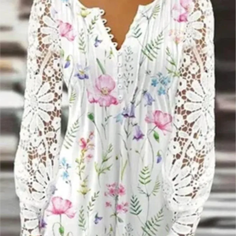 Осенняя женская белая рубашка с v-образным вырезом и принтом на пуговицах женские