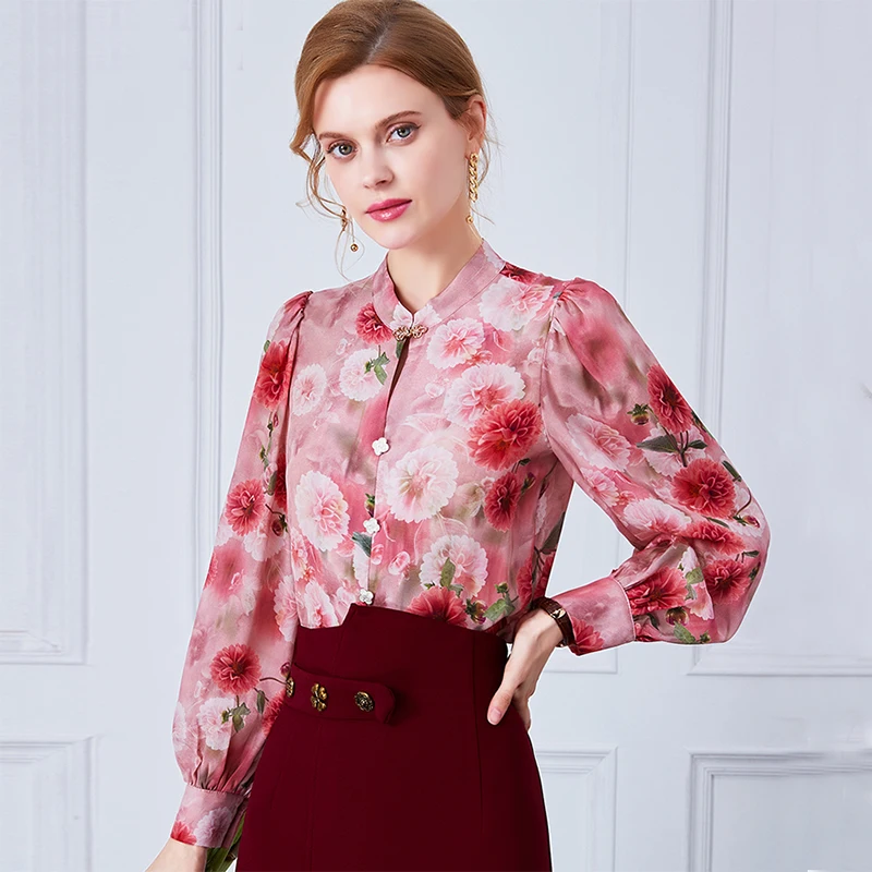 

100% Pure Real Silk Women's Shirt Elegant Stand Collar Long Sleeve Woman Shirts Blouses Vintage Female Floral Print Blouse Tops