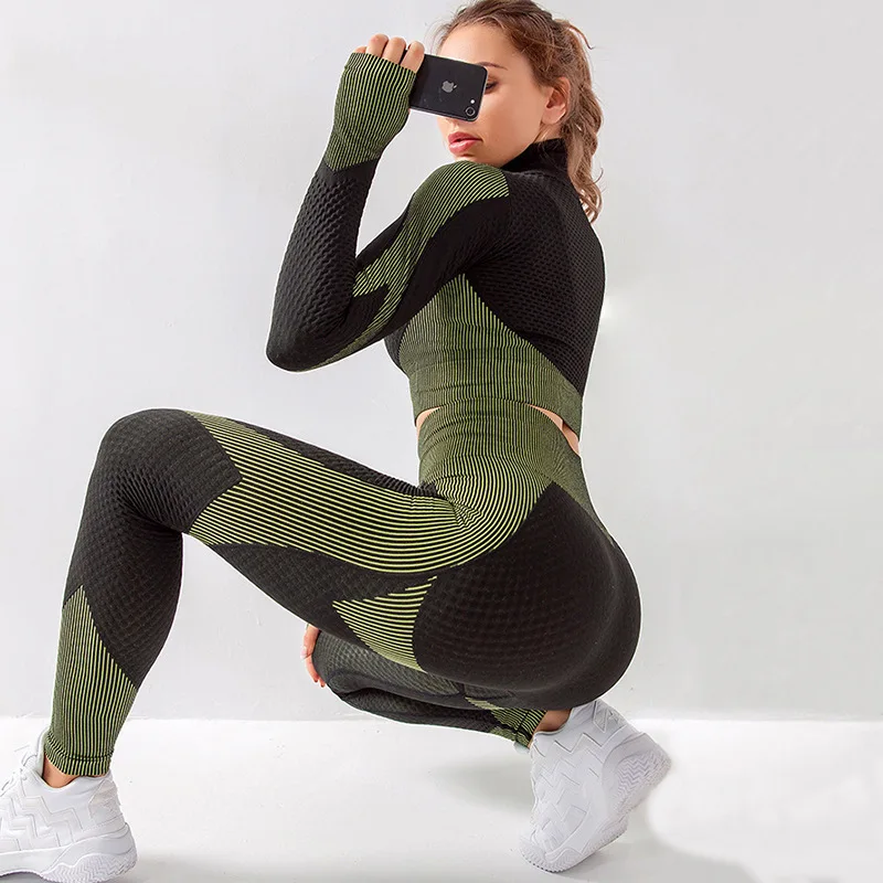 

Seamless Knit Yoga Suit Double Colorblock Women's Sports Fitness Long Sleeve Corset Suit Outdoor Running Breathable Sportswear