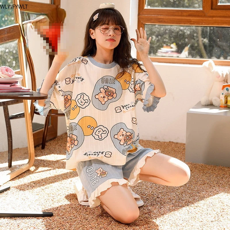 

Summer Women Pyjamas Cartoon Pajamas Sets Sleepwear Casual Nightwear Pijama Mujer Shorts Short Sleeve Home Clothes Set 2XL C233