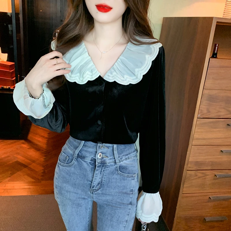 

Женские вельветовые рубашки, летние кружевные корейские блузки 2022, приталенный Топ с длинным рукавом, модная новая Повседневная блуза с кру...