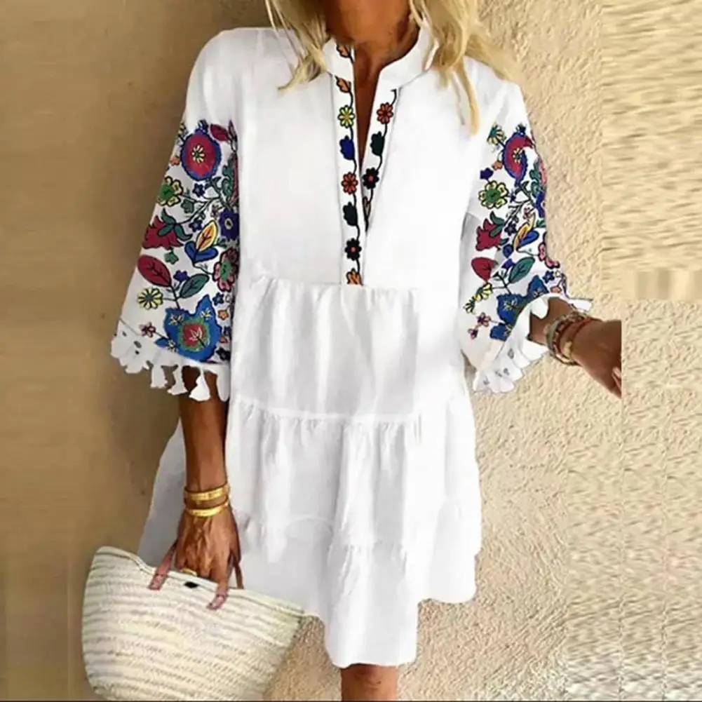 

Casual Mini Dress Woman V Neck Summer Dress 2021 Vintage Print Patchwork Loose Beach Dress Ladies Party Dresses