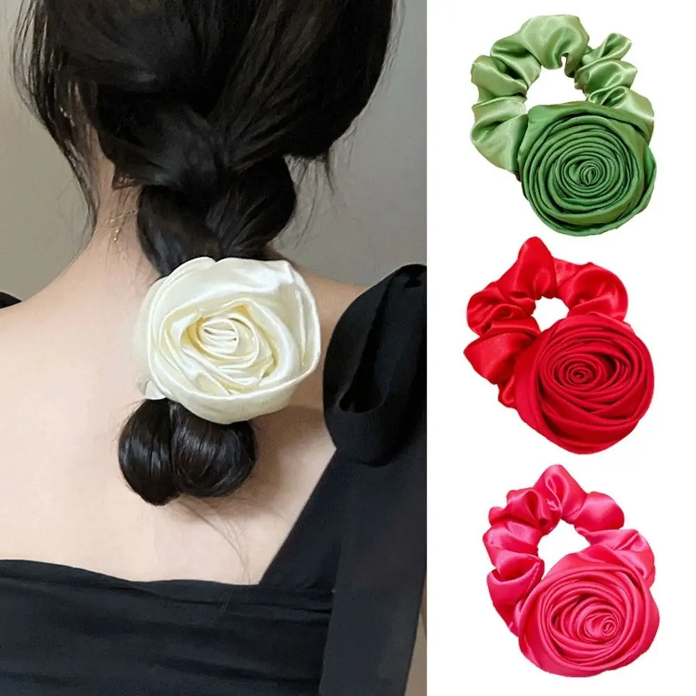 

3PCS Women Girl Satin Gloss Ponytail Holder Rose Hair Rope Flower Hair Ring Hair Bands Hair Scrunchie