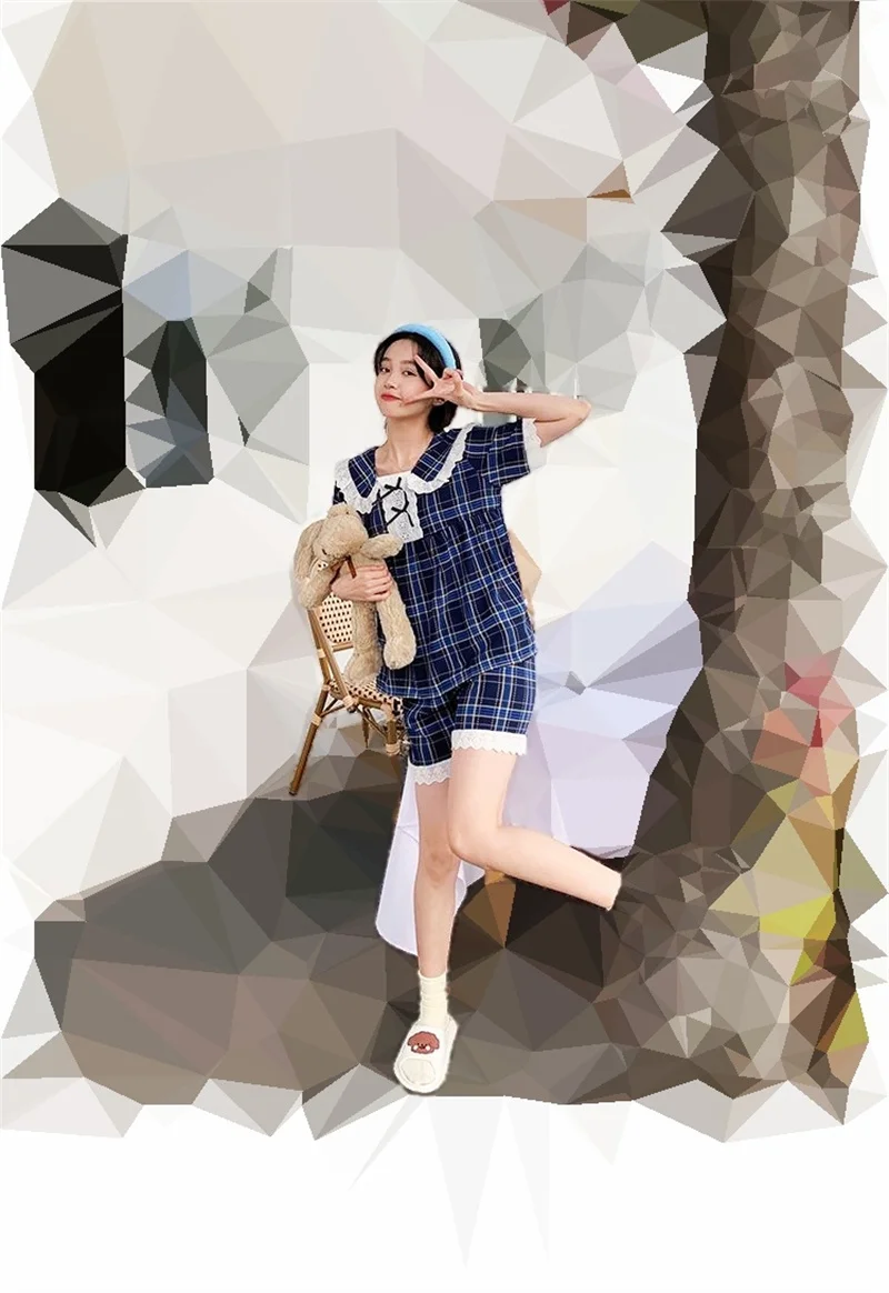 Spring Pajamas Set Short Sleeve Shorts Sexy Plaid Lace Bow Decorate Pyjama Big Size Mom Homewear Cozy Plus Princess Sleepwear