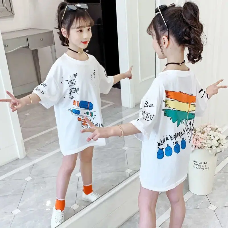 

2021 летняя длинная футболка для девочек, платье, Милая Радужная детская одежда с короткими рукавами, детская одежда для маленьких детей