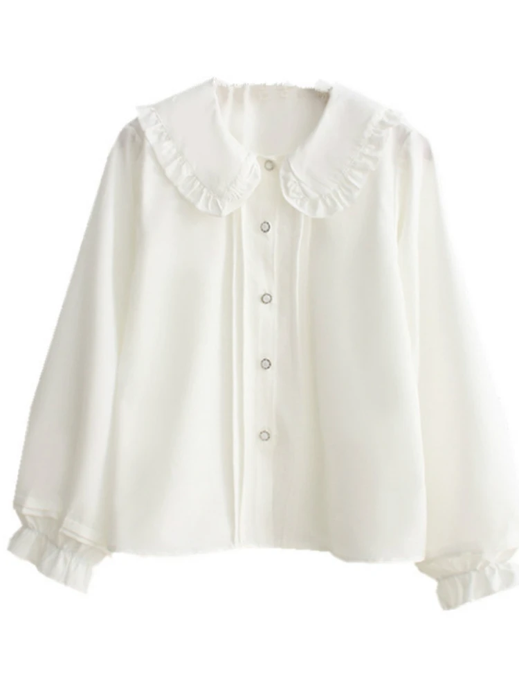 

Long Sleeve White Shirt Teen Girls Women Spring Autumn Japanese Preppy Style Kawaii Frilly Peter Pan Collar Lolita Blouse Tops