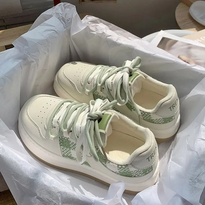 SHANPA Checkerboard Design Small White Shoes for Women All-match Casual Thick Bottom Korean Fashion Student Sneakers
