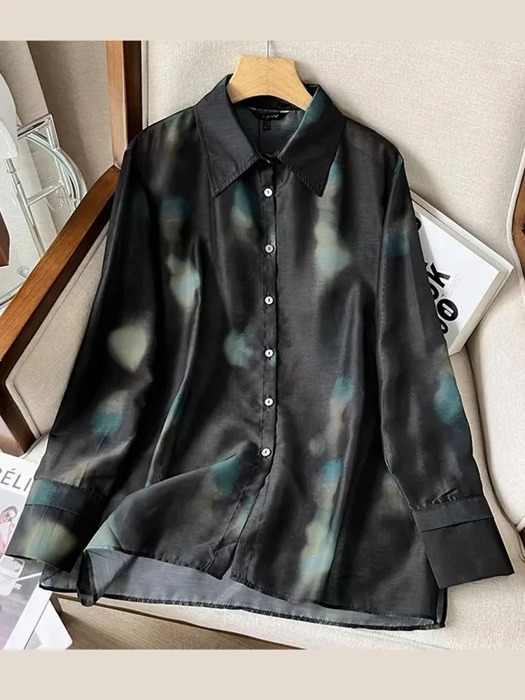 

TRAF 2023 summer new women's comfortable printing transparent translucent shirt long-sleeved lapel single-breasted chic top