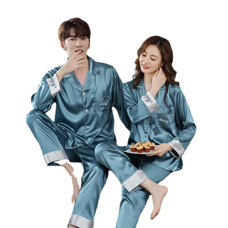 Silk Embroidered Pajamas Spring and Autumn Couples Comfortable Ice Silk Sleepwear Men and Women Long-sleeved Cardigan Suit New