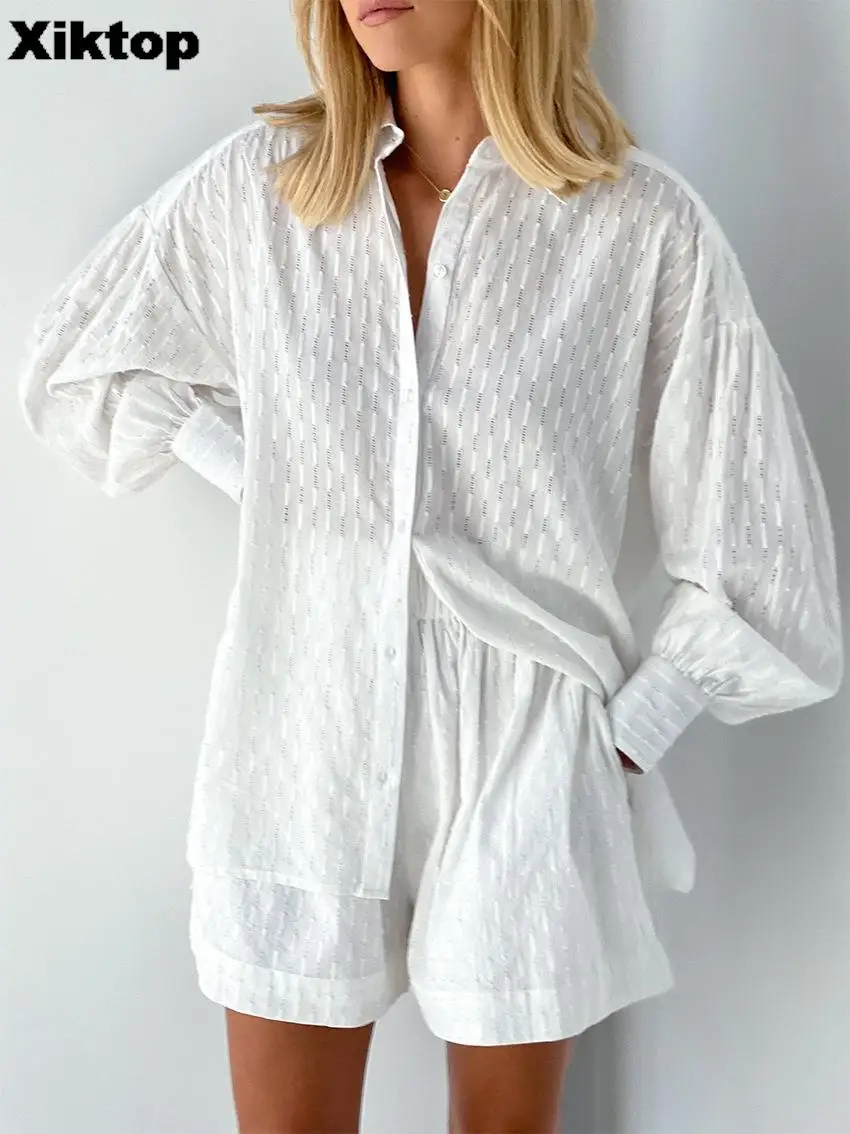 

Xiktop Summer White Elegant Jacquard Fabric Soft Vacation Suits Women Long Sleeve Shirts And Hot Pants Two Piece Outfits Fashion