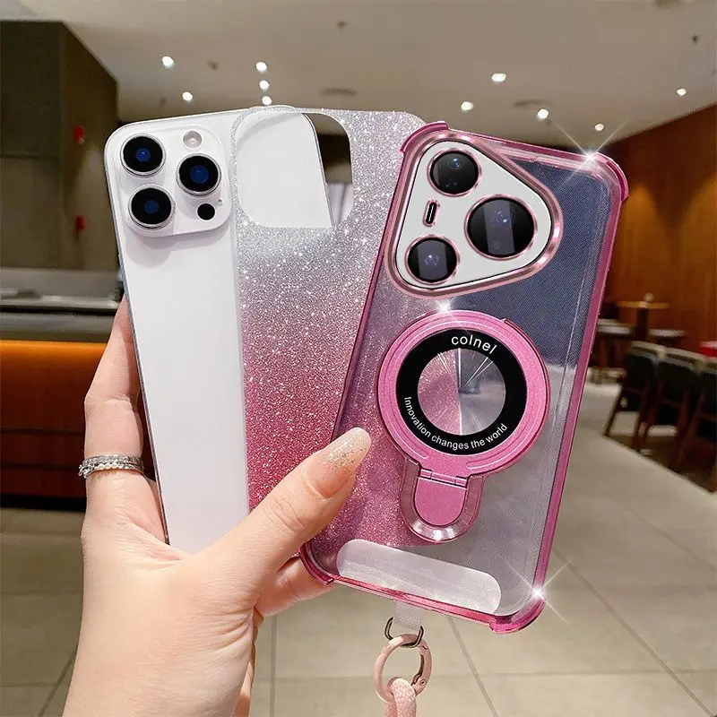 Фото Противоударный чехол с блестящим ремешком-шнурком для Huawei Pura 90 80 70 Ultra P60 P50 P40 P30 Pro Plus, магнитный держатель для телефона №4