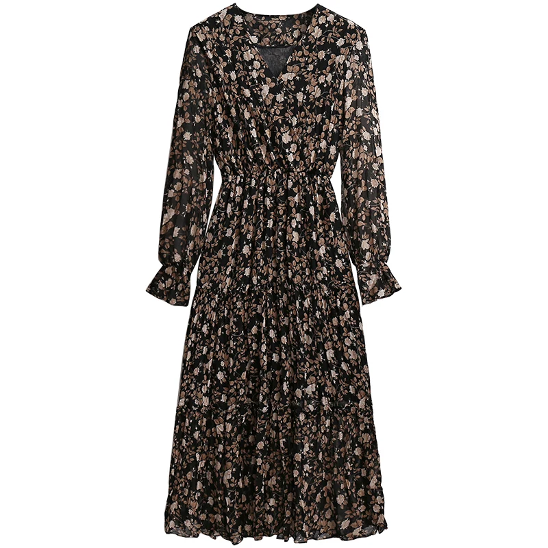 

Women's Dress Summer Loose Female Clothing Printing Waist Leisure Chiffon Flared Long Sleeves Movafag