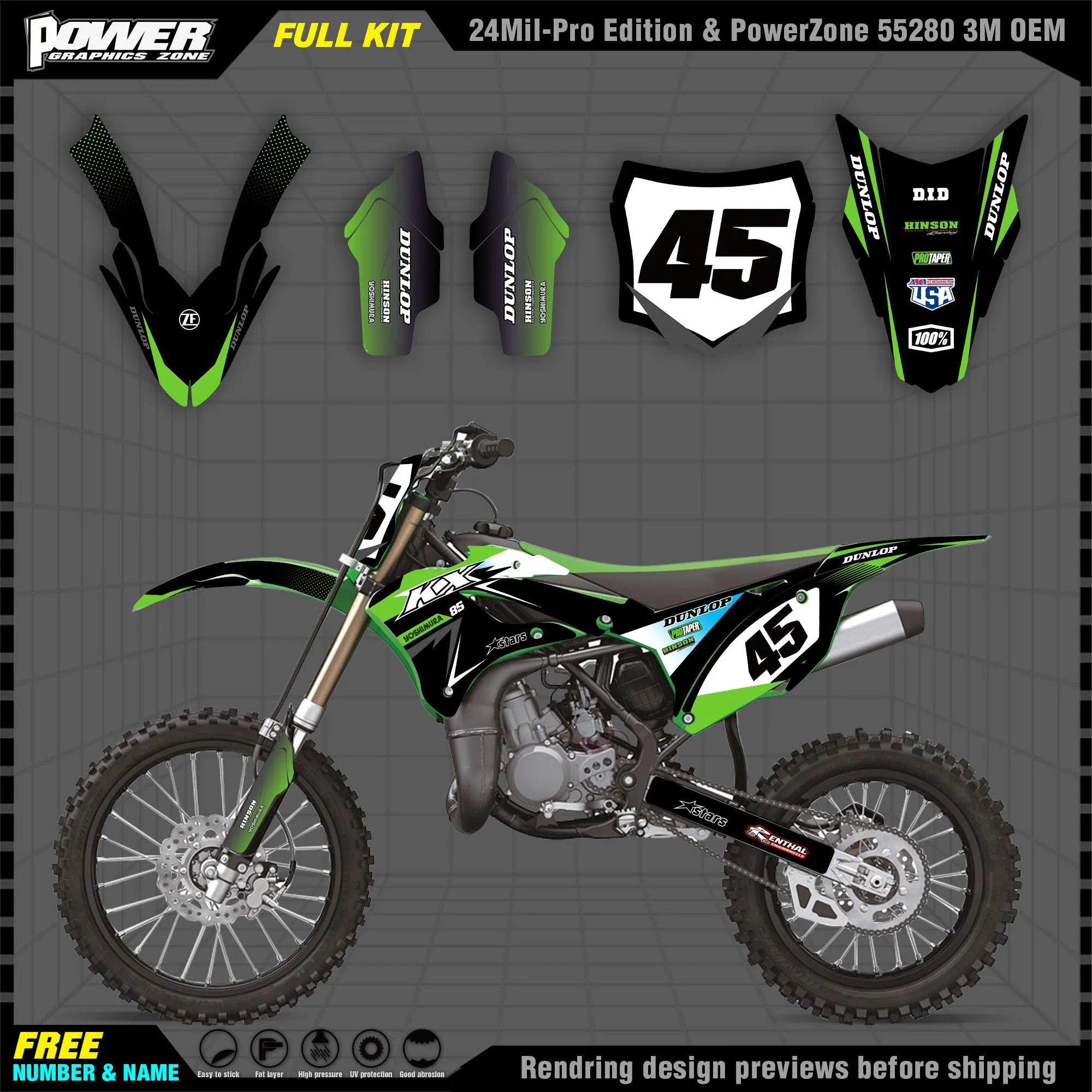 PowerZone Custom Team Graphics Decals 3M Stickers Kit For KAWASAKI 22-23 KX85 112  2022 2023 Stickers 001