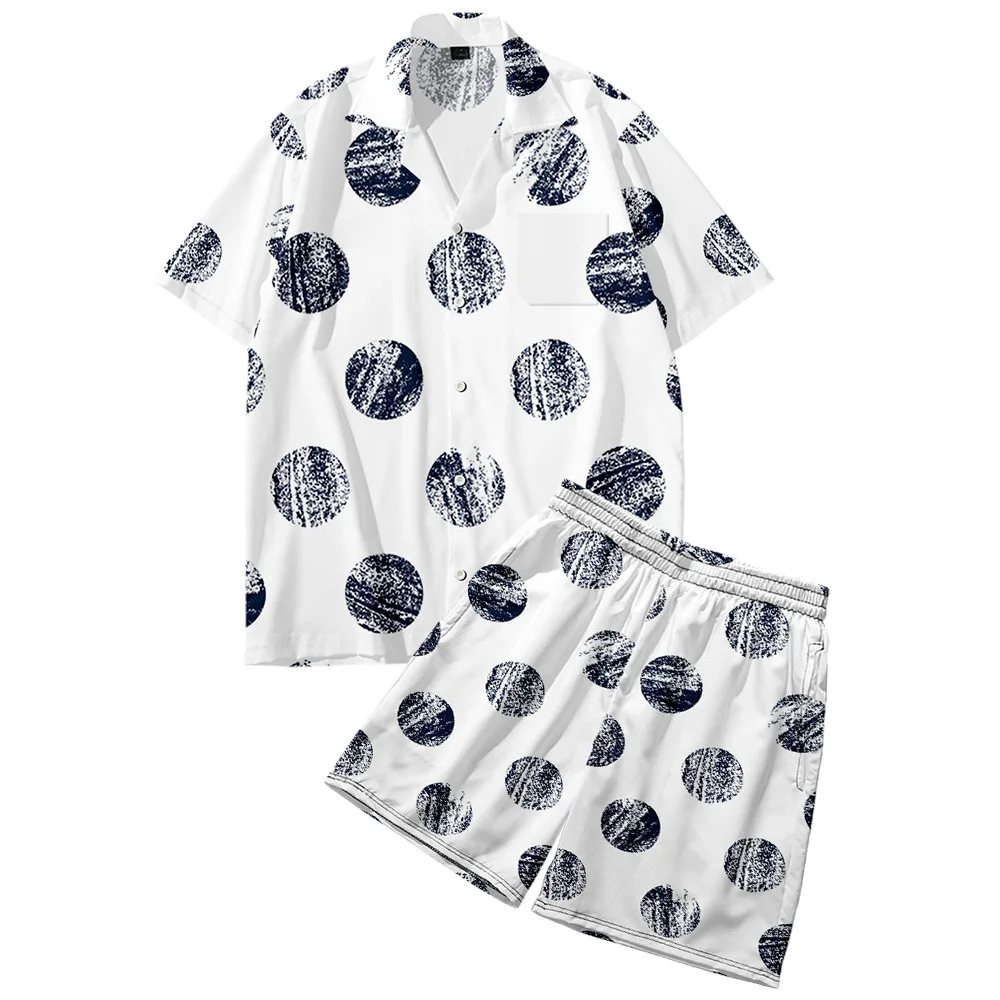 

Men's Fashion Loose White Print Shirts Hawaiian Shirt And Shorts Set Casual One Button Short Sleeve Beach Clothes