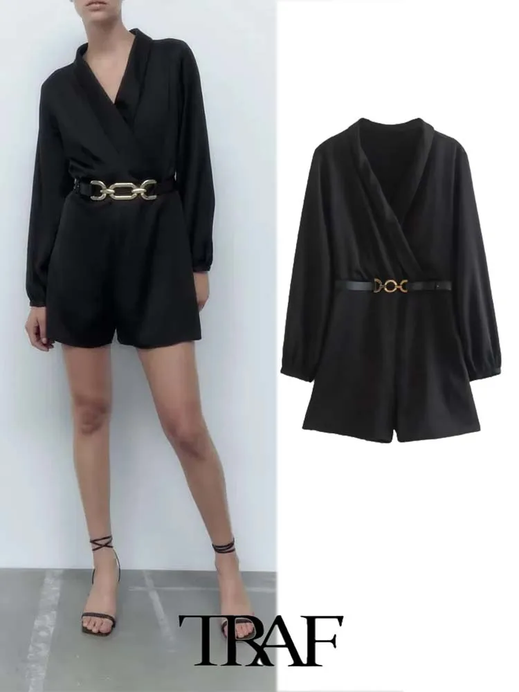 

Комбинезон TRAF женский с поясом, текстурный Повседневный Шелковый атласный сплошной Ромпер, Ромпер Для вечерние, 2023