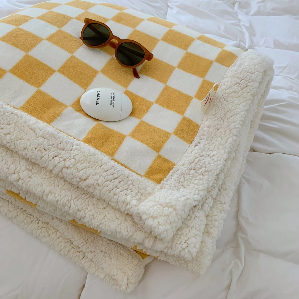 Yellow Checkerboard Blanket Plaid Milk Lamb Wool Single Quilt Double-layer Thickened Autumn Winter Warm Soft Beddings | Дом и сад
