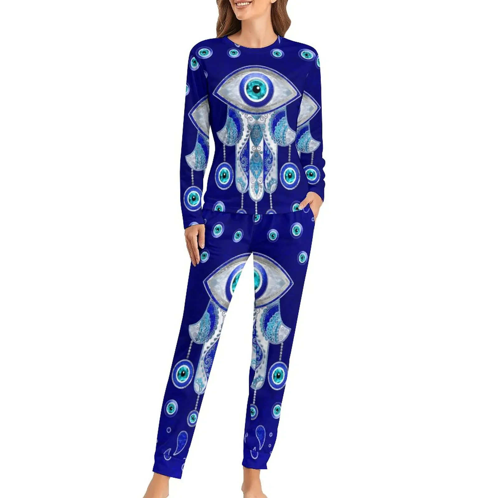

Hamsa Hand Pajamas Evil Eye Amulet Kawaii Pajamas Set Lady Two Piece Loose Oversized Design Nightwear Birthday Gift