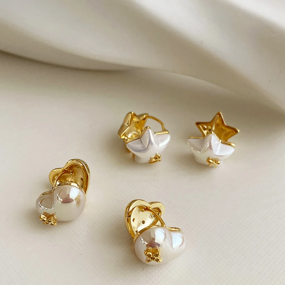 

Minar Lovely 2 Styles Imitation Pearl Love Heart Star Stud Earrings for Women Girls Geometrical Brass Gold Earrings Accessories