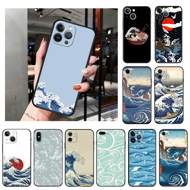 

Silicone Black Phone Cases Cover for iPhone 11 14 Pro Max 12 13 Mini XR SE 7 8 6 6s Plus XS X 11Pro The Great Wave off Kanagawa