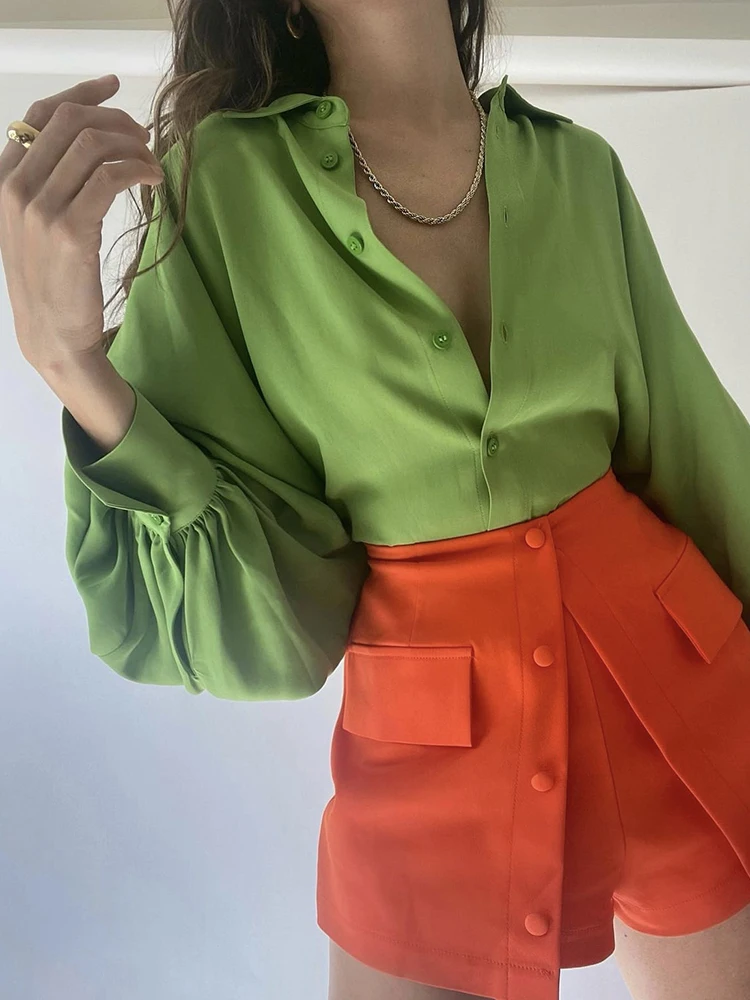 

KBAT Vintage Green Loose Shirts For Women Long Sleeve Blouses Women Casual Streetwear Button Up Shirts Woman Summer Top Female