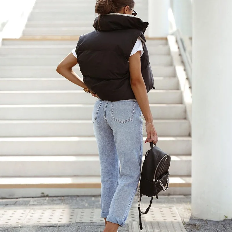 Ladies Cotton Double-sided Sleeveless Vest Parka Coat Zipper Stand-up Collar High Collar Warmth Thick Fashion Vest Short Jacket