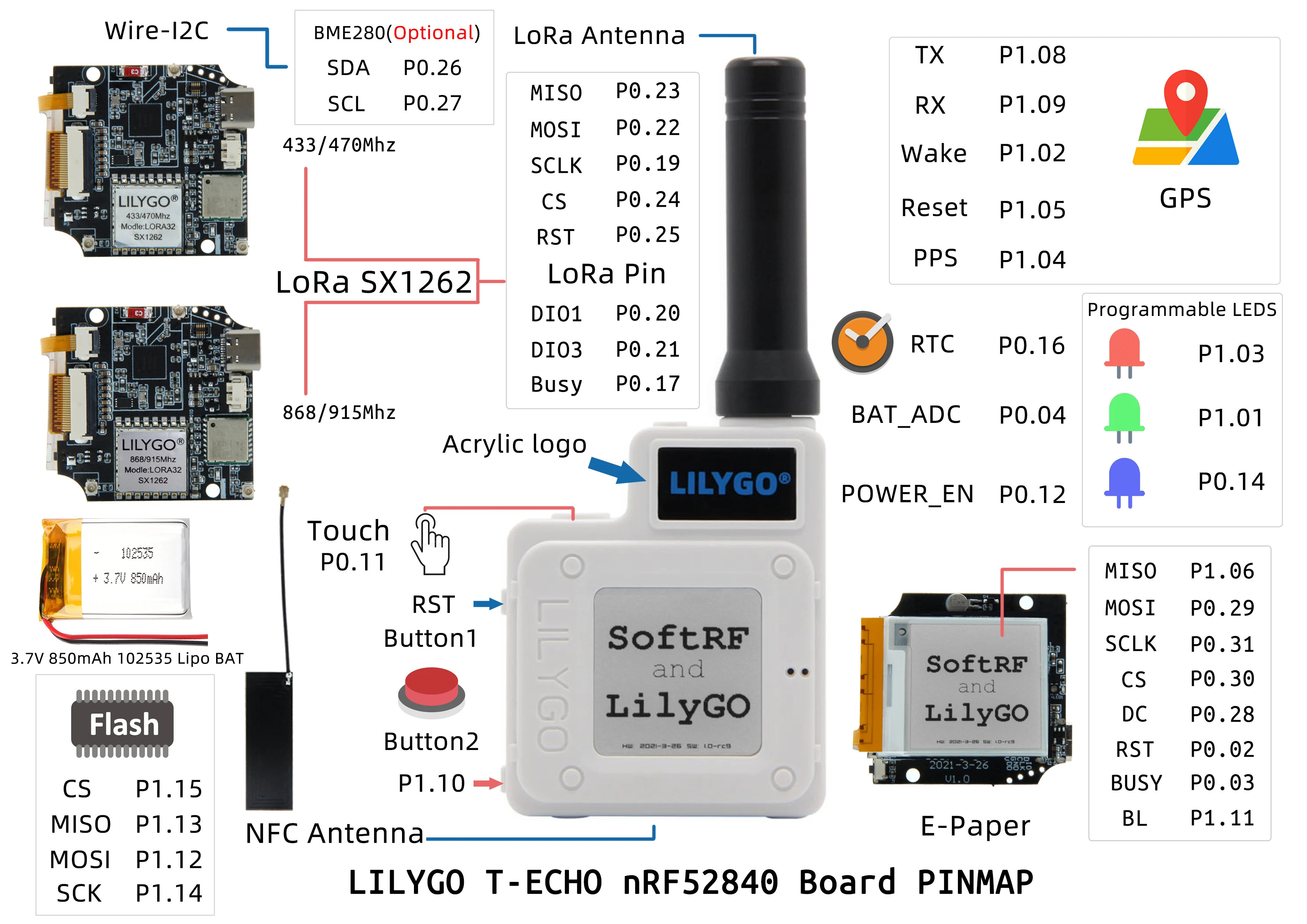 LILYGO® TTGO SoftRF T-Echo NRF52840 LoRa SX1262 433MHz 868MHz 915MHz BME280 Sensing Module 1.54 E-paper L76K GPS BLE NFC RTC - купить по