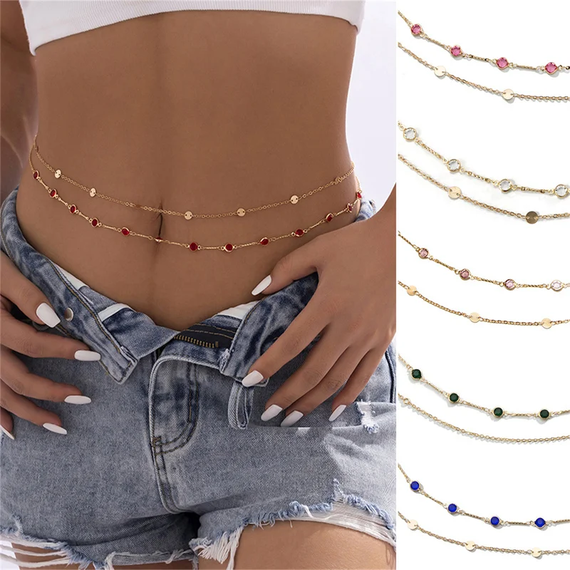 

Simple Multicolor Crystal Glass Waist Chain Fashion Copper Sequin Pendant Belly Chain Sexy Beach Body Chain Summer Jewelry