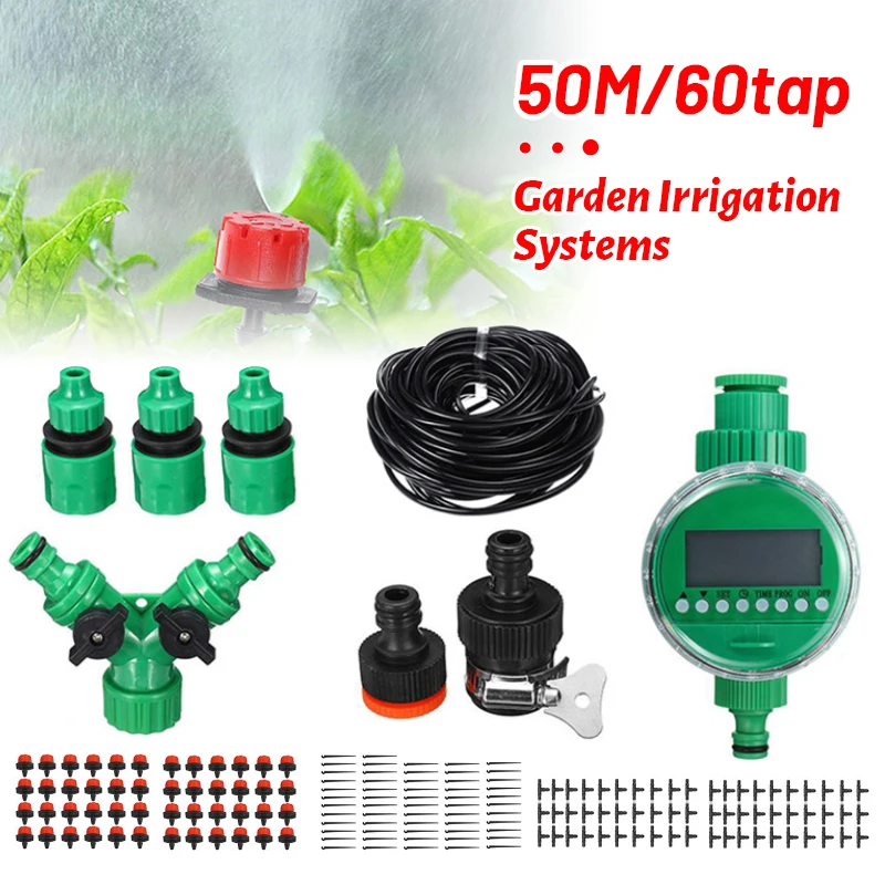 

50M Hose Drip Irrigation System Automatic Watering Timer Greenhouse Dripper Set Garden Household Flower Plant Waterer Tool