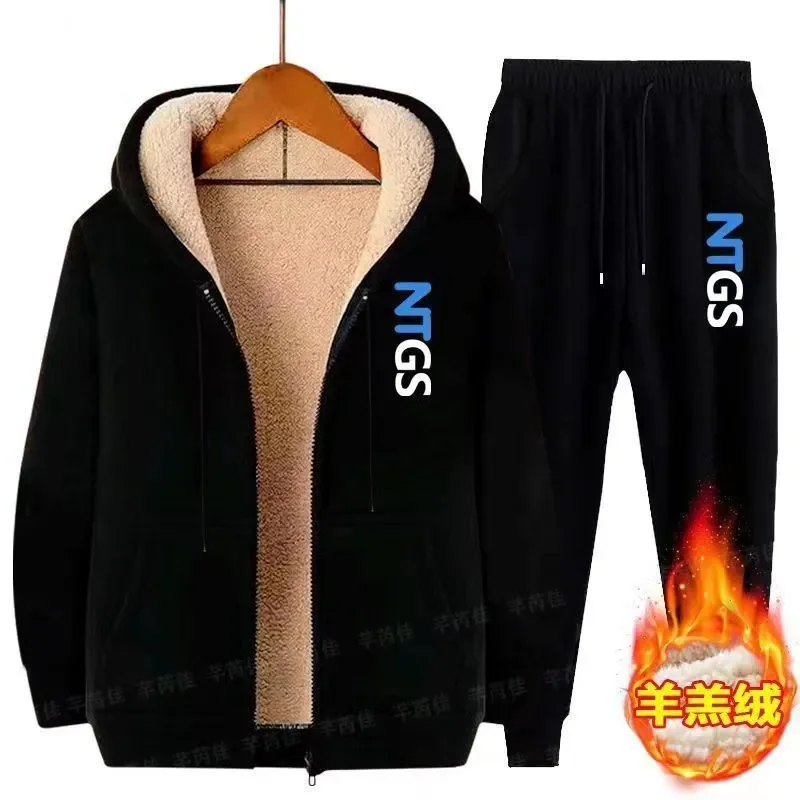 

Plus Size M-5XL Mens Sets 2024 Winter Warm Fleece Tracksuit Fashion Jacket+Pants Set Men Casual Thick Sportswear Hooded Clothes